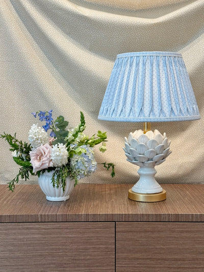 Top Smocked Box Pleat - Ian Sanderson Alpine Blue Millie Lampshade with White Trim