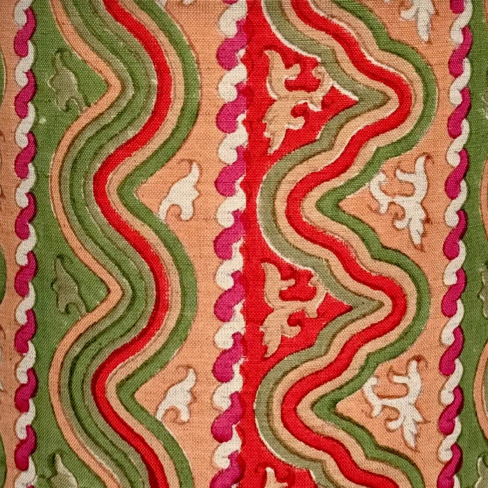 up close Tulu Textiles Wafaa in Green, Pink & Red Fabric Lampshade