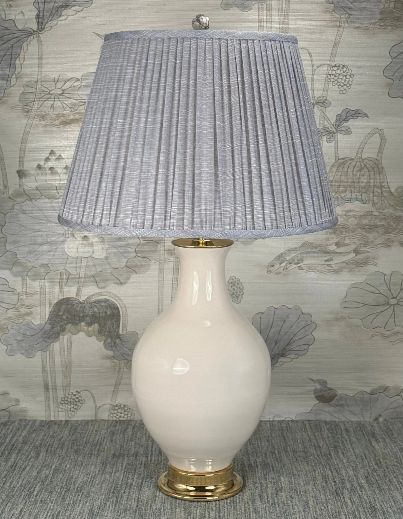 White Marble Ball lamp finial styled with a Fermoie strie lampshade on a Paul Schneider Athens ceramic lamp
