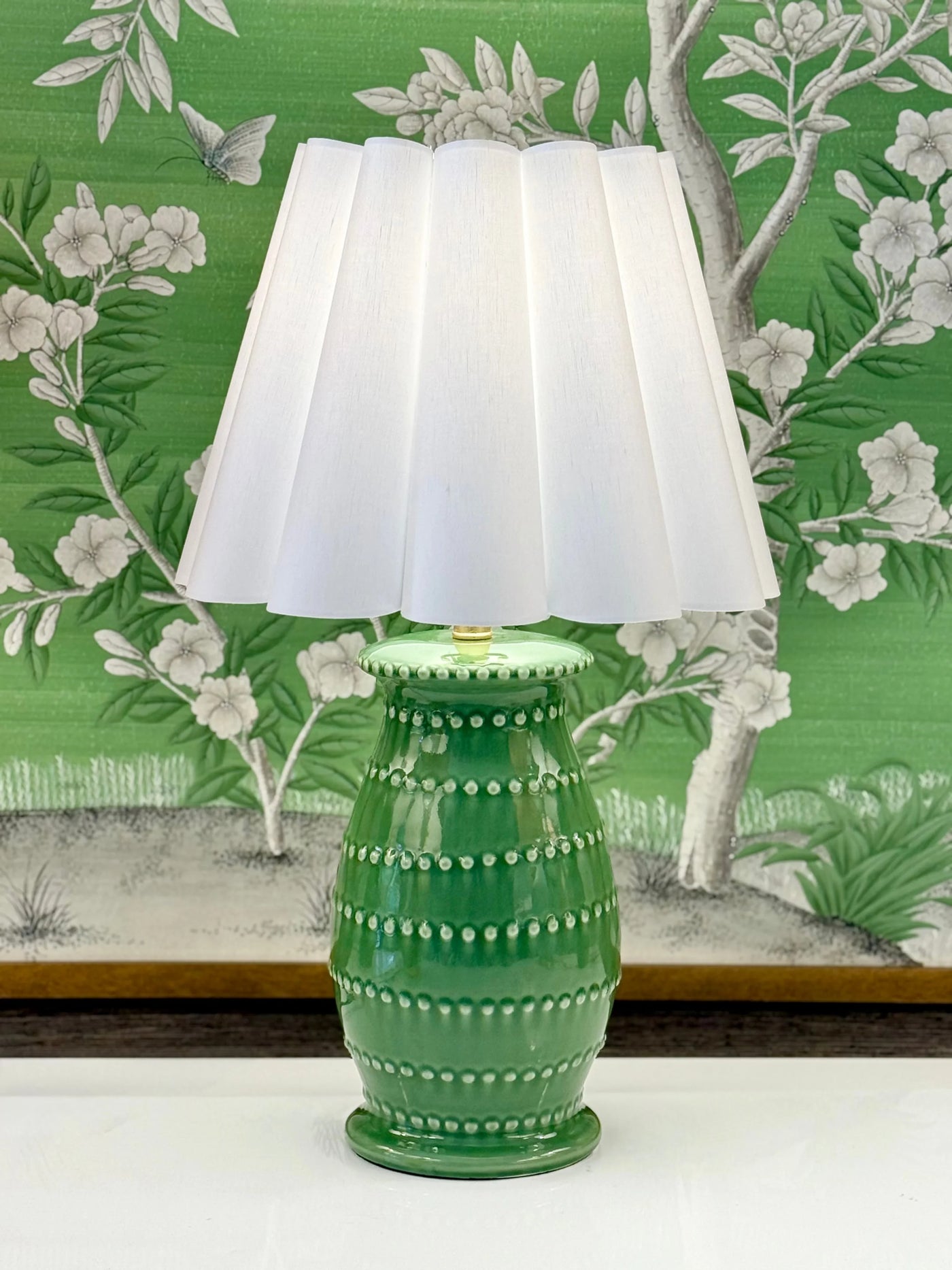 White Out Scallop Linen Hardback Lampshade on green Caleb lamp