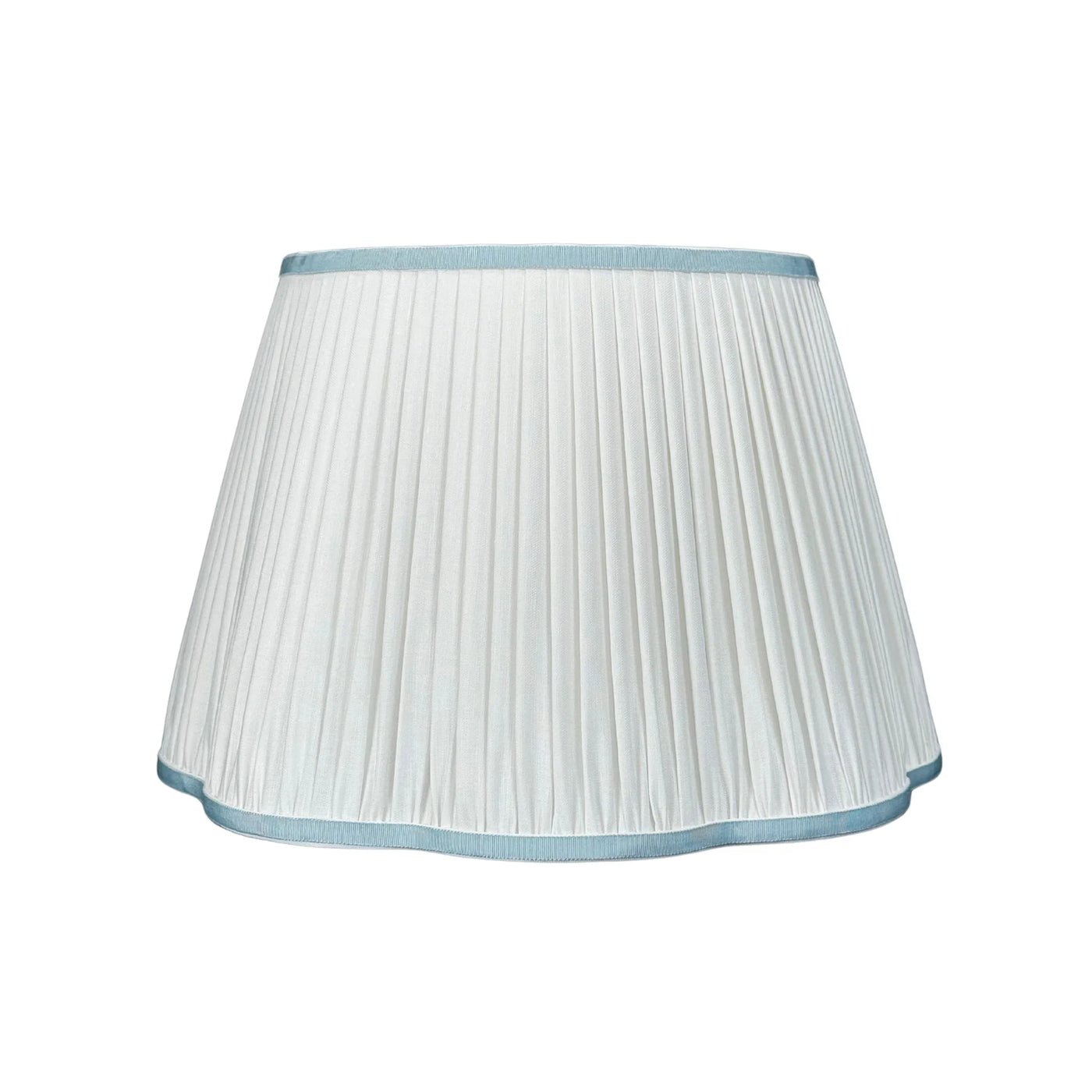 White Pleated Linen Scalloped Lampshade with Light Blue Trim