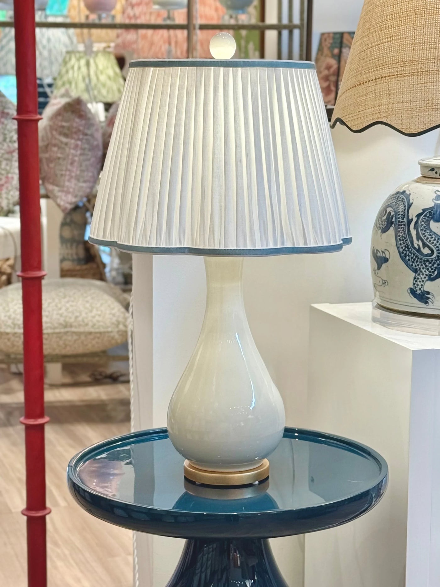 White Pleated Linen Scalloped Lampshade with Light Blue Trim on white dove lamp