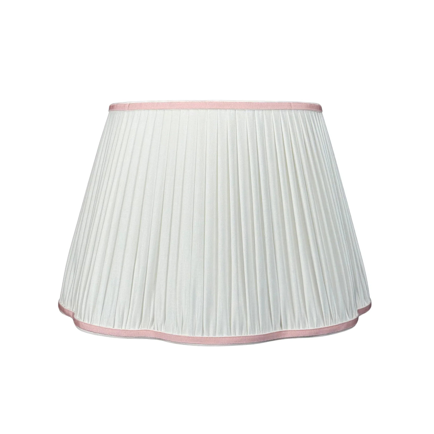 White Pleated Linen Scalloped Lampshade with Light Pink Trim