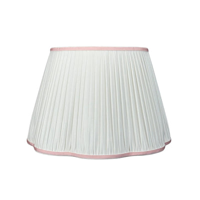 White Pleated Linen Scalloped Lampshade with Light Pink Trim