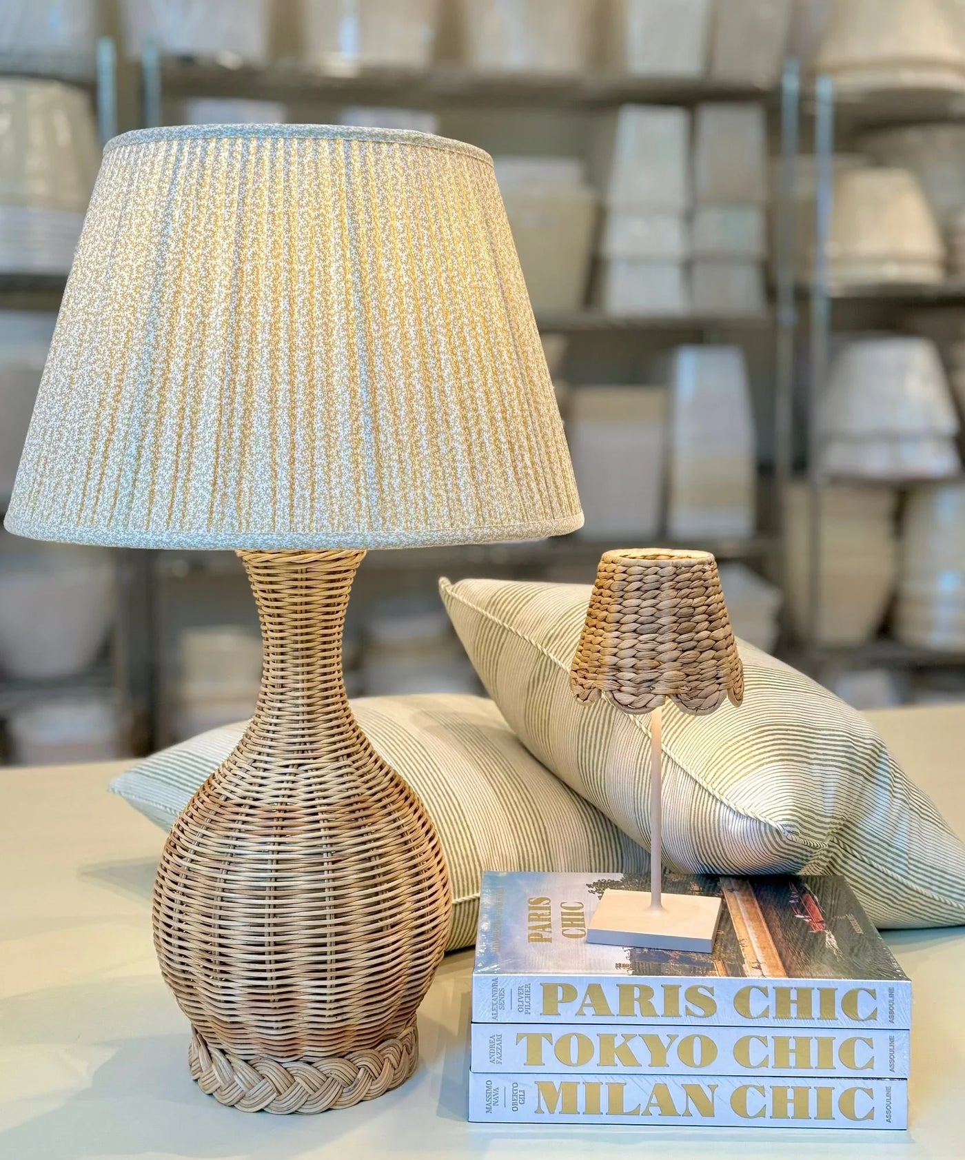 Whitehaven Rattan Table Lamp paired with Ian Sanderson Petra Lampshade