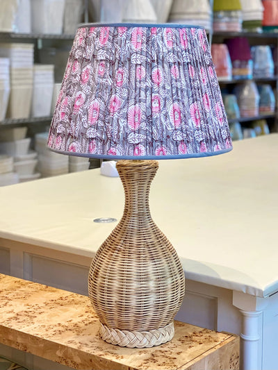 Whitehaven Rattan Table Lamp paired with Grey and Pink Block Print lampshade