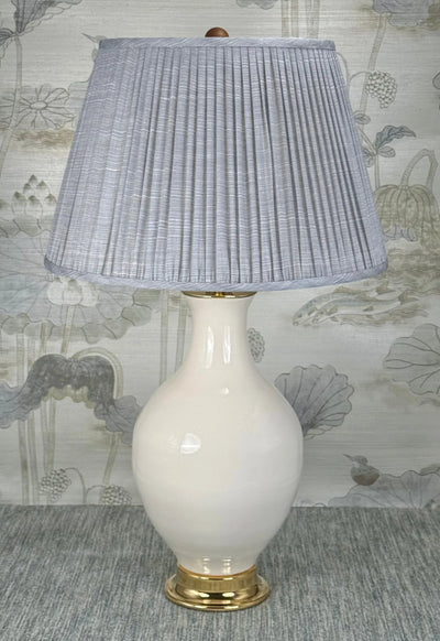 Wood Ball Walnut Finial Walnut Finish styled with a Fermoie strie lampshade on a Paul Schneider Athens ceramic lamp