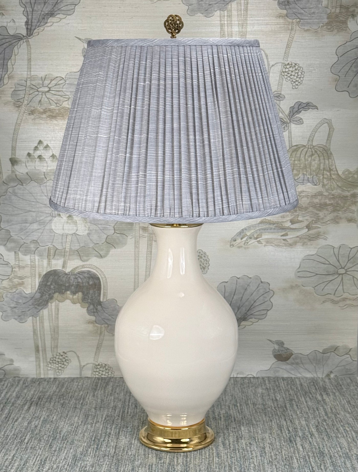Woven Knot styled with a Fermoie strie lampshade on a Paul Schneider Athens ceramic lamp