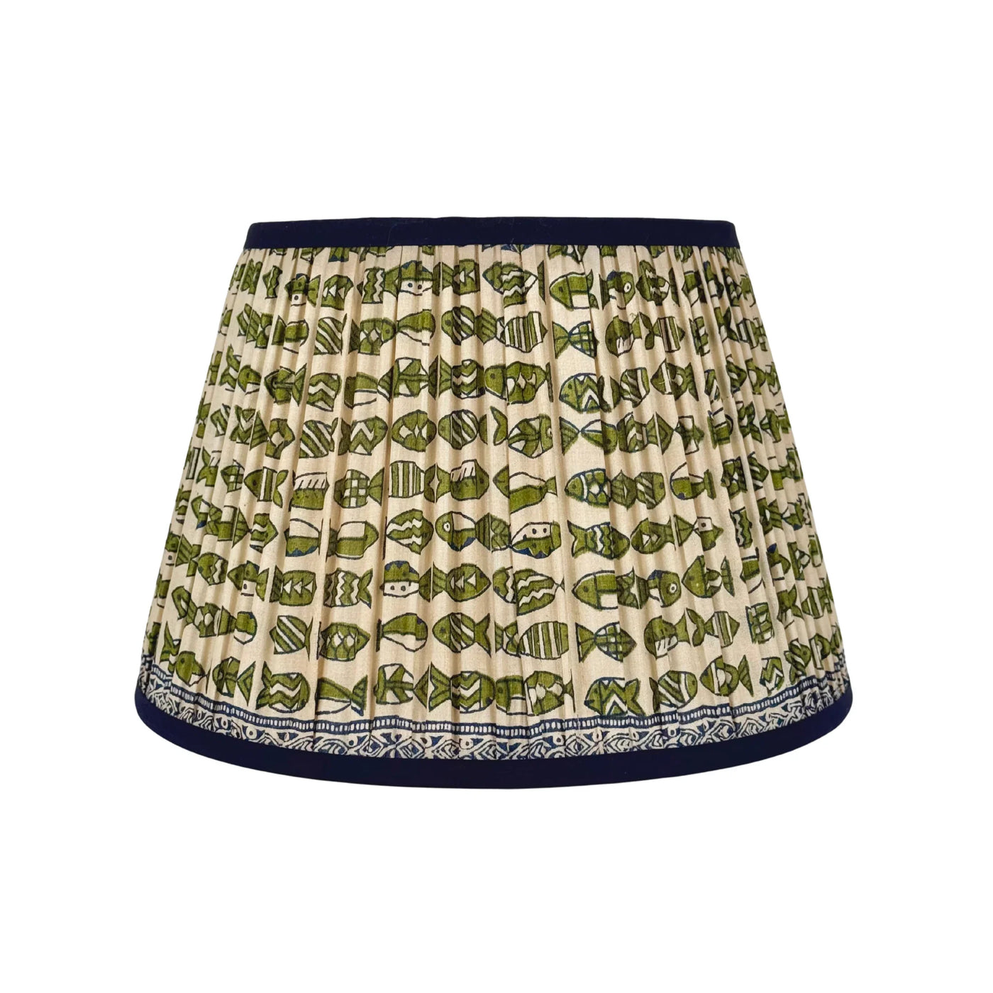 Taupe, Navy & Green Fish Sari Lampshade with Navy Silk Trim