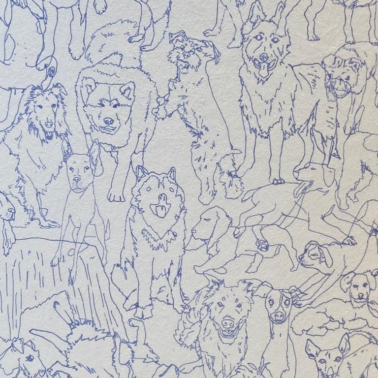 Aux Abris - Friends Blue Dogs on White Wallpaper Lampshade close up