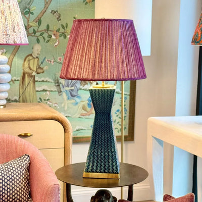 Luxury Fermoie Back to the Fuchsia pleated empire lampshade in deep pink, displayed on a Christopher Spitzmiller lamp.