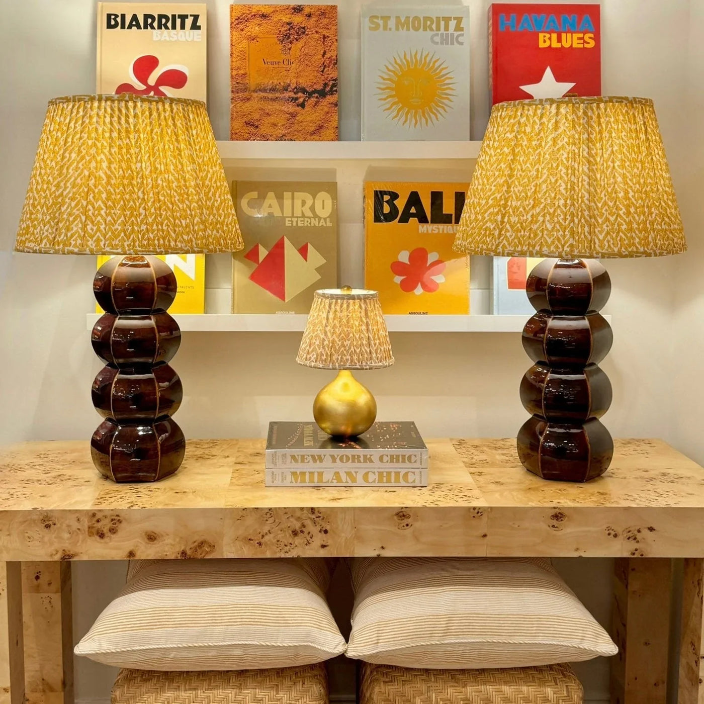 two tortoise barnacle Hwang Bishop lamps with yellow Rabanna Fermoie lampshades vignette 