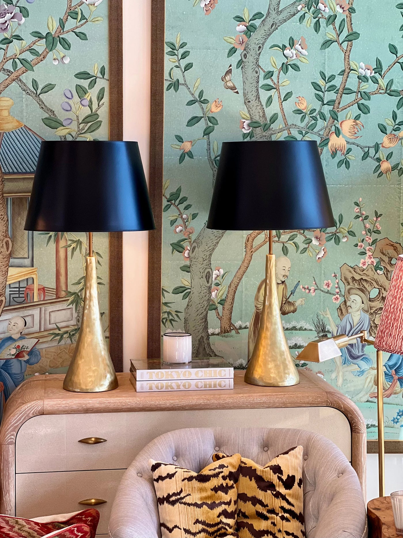 Black empire lamp shades on gold lamps