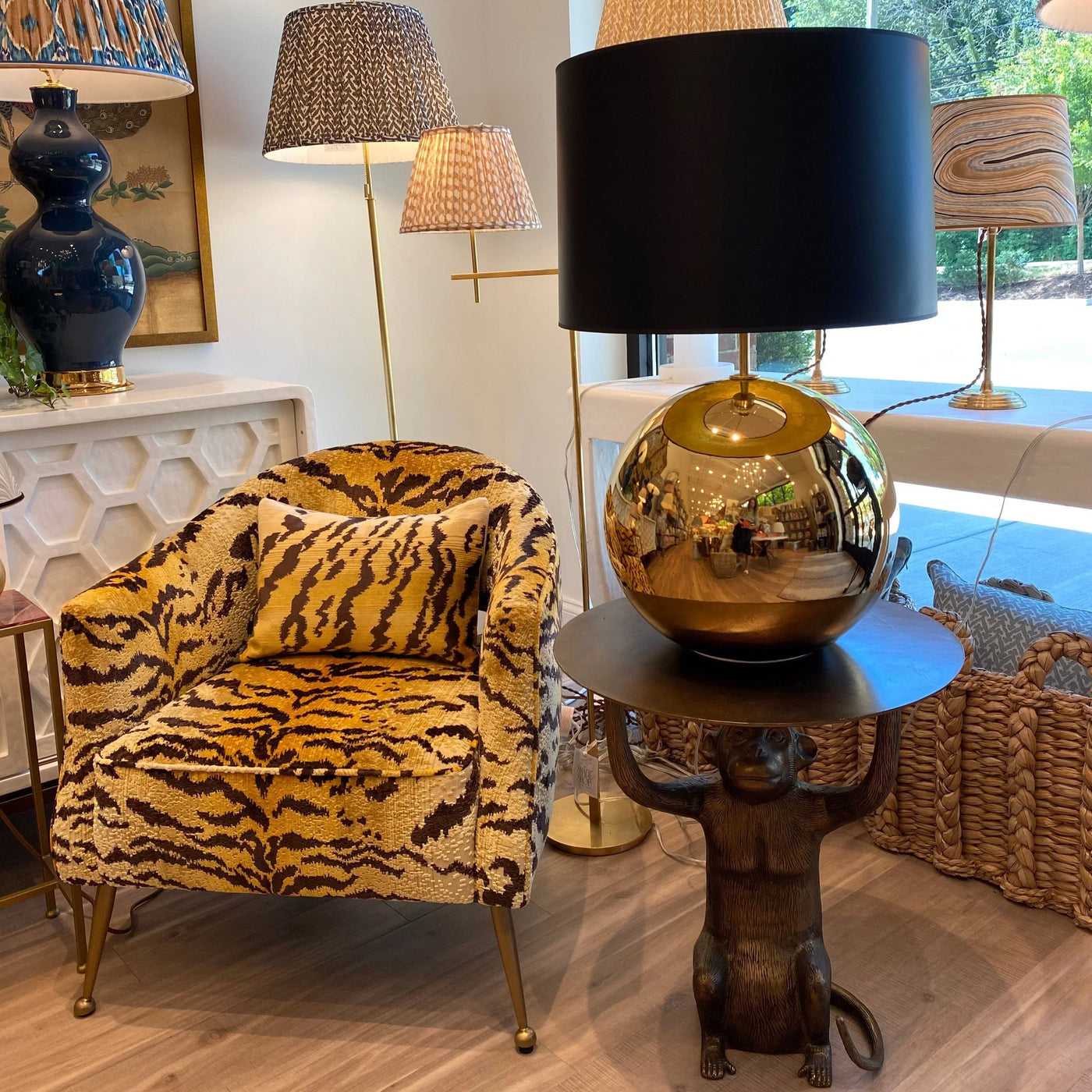 Black Retro Drum Lampshade on a gold lamp