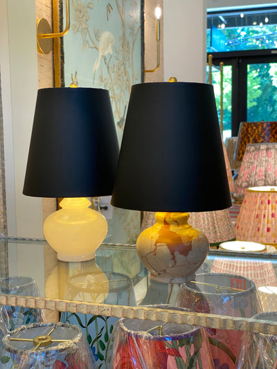 Deep chandelier lamp shades and small alabaster lamps