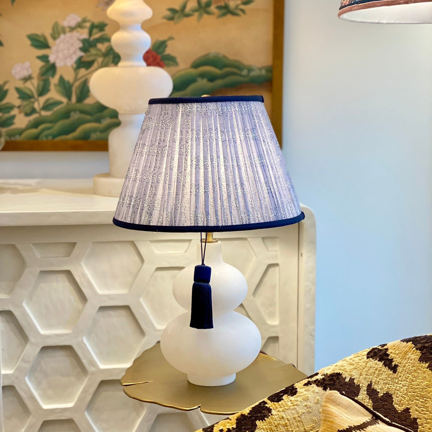 lavender block print lampshade on an alabaster lamp