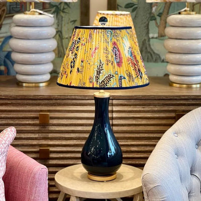 Yellow Block Print Lampshade and Navy Porcelain Lamp