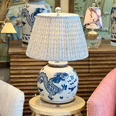 blue and white jar lamp with blue fermoie lampshade