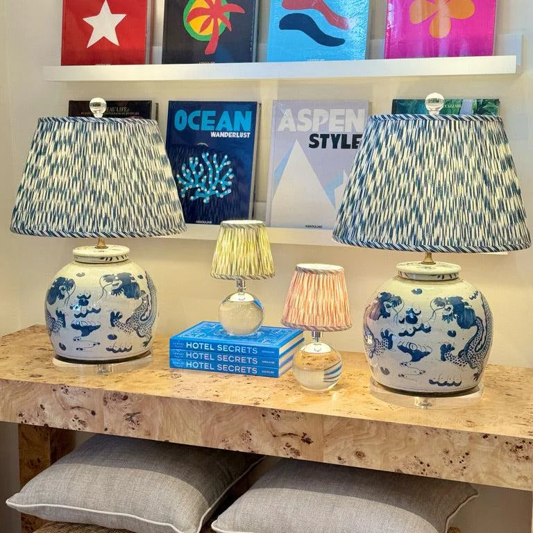 Blue and white jar lamps with Ian Sanderson lampshades