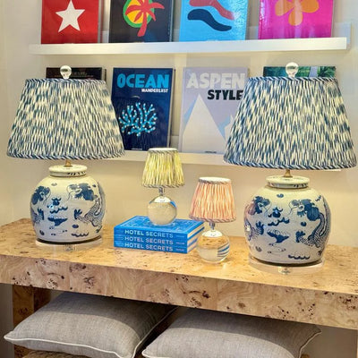 Blue and white jar lamps with Ian Sanderson lampshades