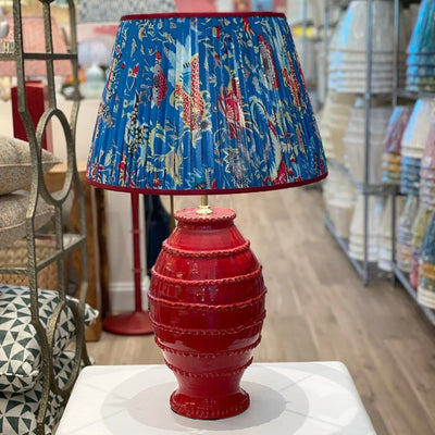 Blue block print lampshade and red Penny Morrison Lamp