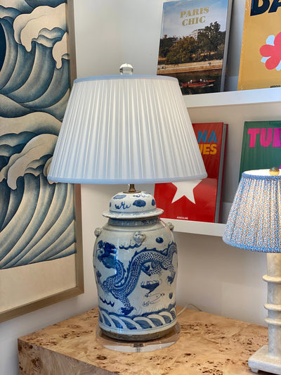 Silk Box Pleat lampshade on a blue and white jar lamp