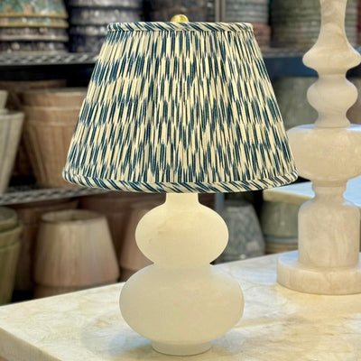 Alabaster lamp and blue and white ian sanderson lampshade