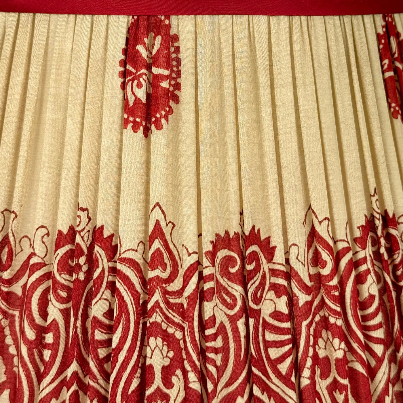 close upof Red & Gold Sari Lampshade with Red Silk Trim fabric