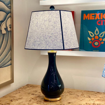 dog lampshade on a navy lamp