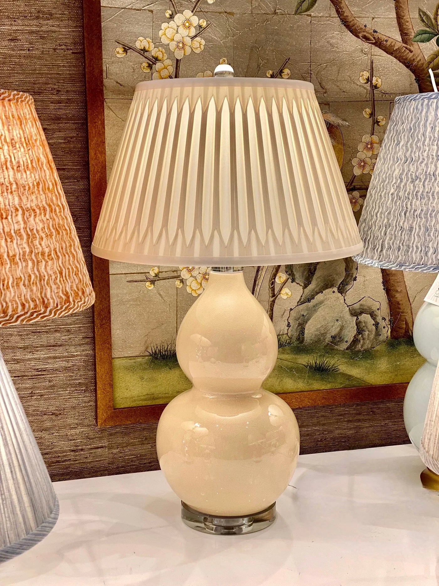 double smocked silk lampshade on a double gourd lamp