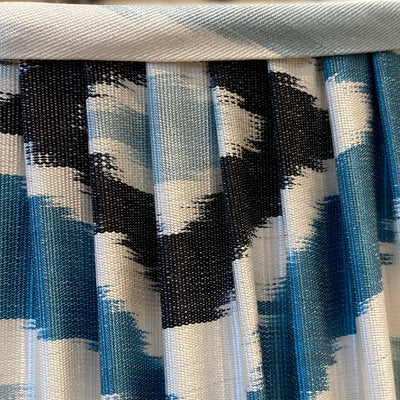 blue white and black ikat lampshade close up