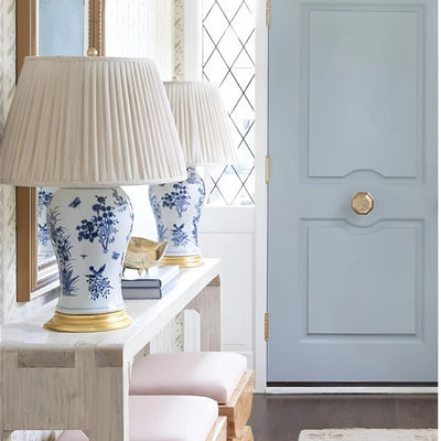 Fermoie Ecru Figured Lampshades and Blue and White Lamps