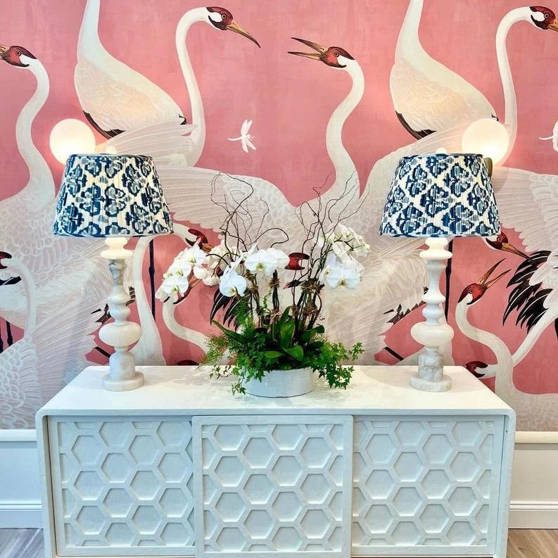 Blue and white lampshades and  alabaster lamps