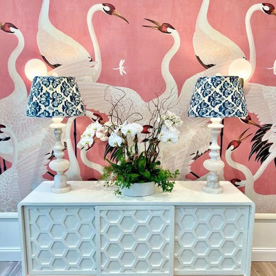 Blue and white lampshades and  alabaster lamps