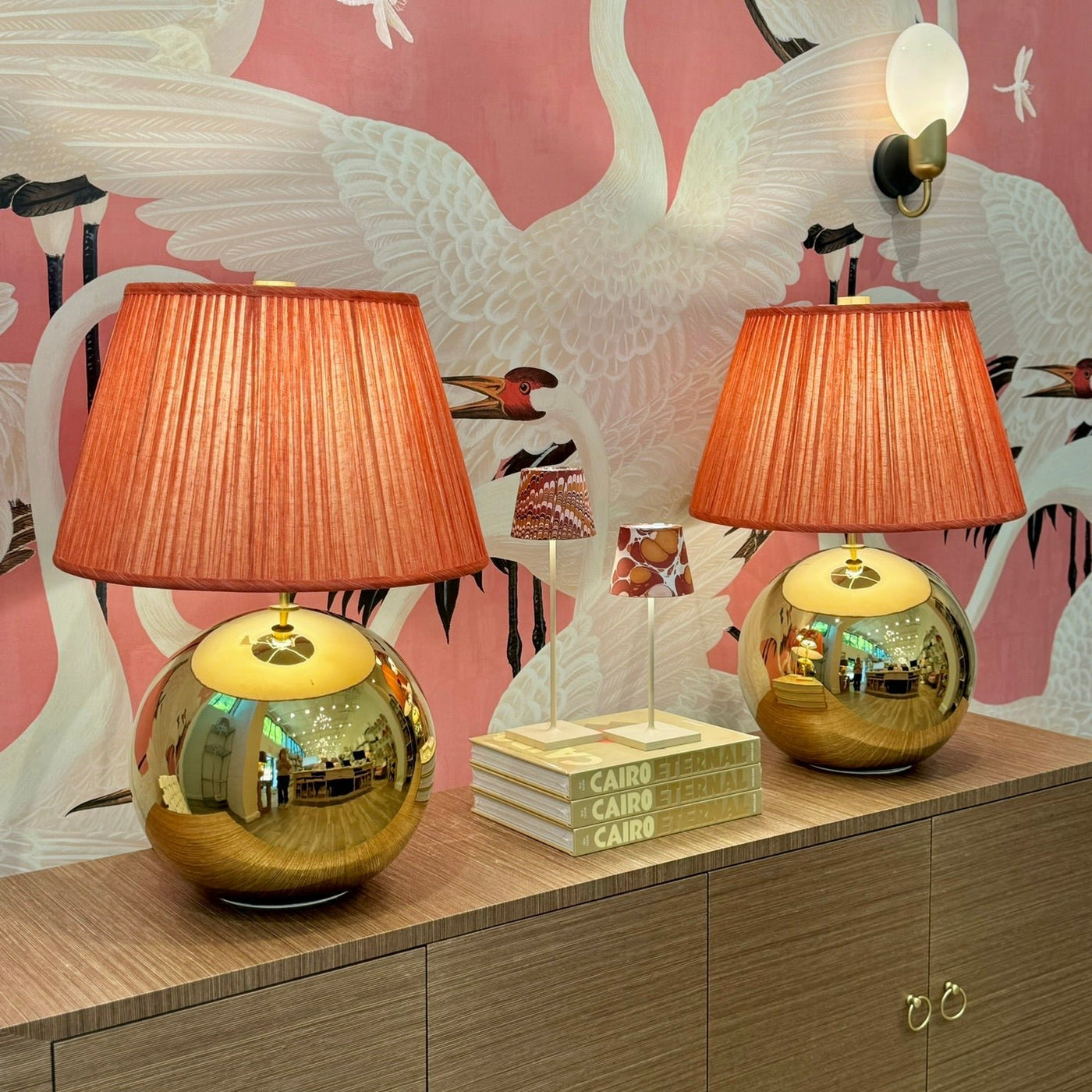 Fermoie fresco lampshades on gold ball lamps