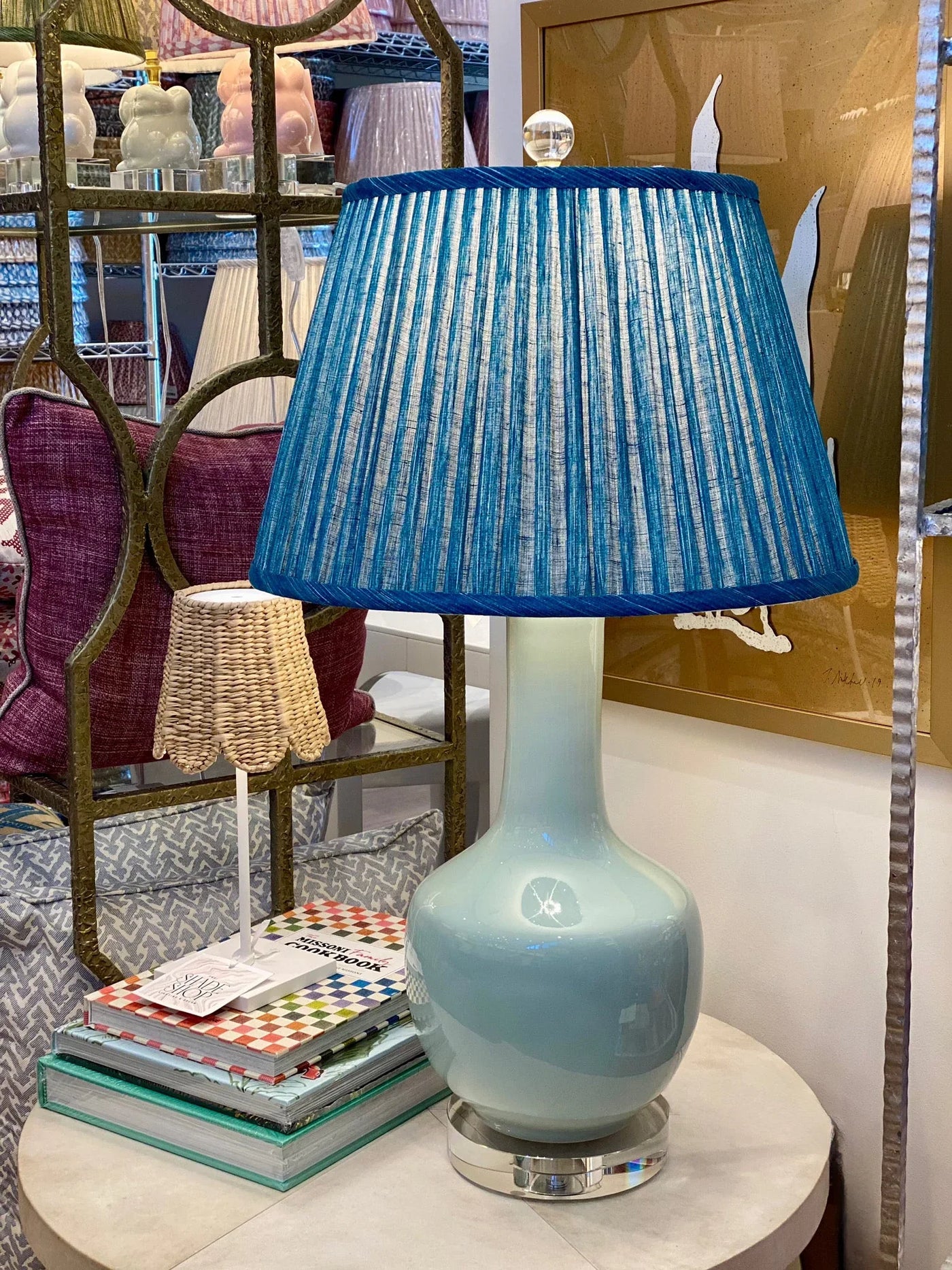 Fermoie blue lampshade and blue porcelain lamp