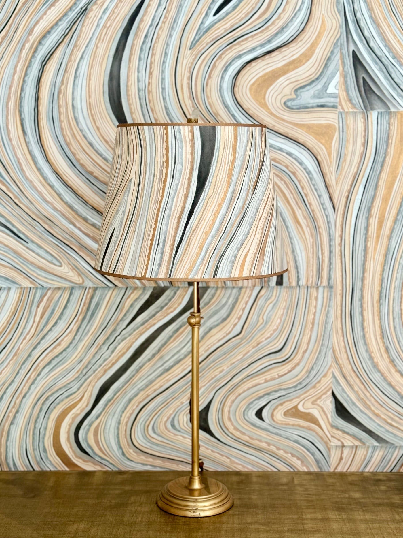 Gracie Wallpaper lampshade on brass lamp