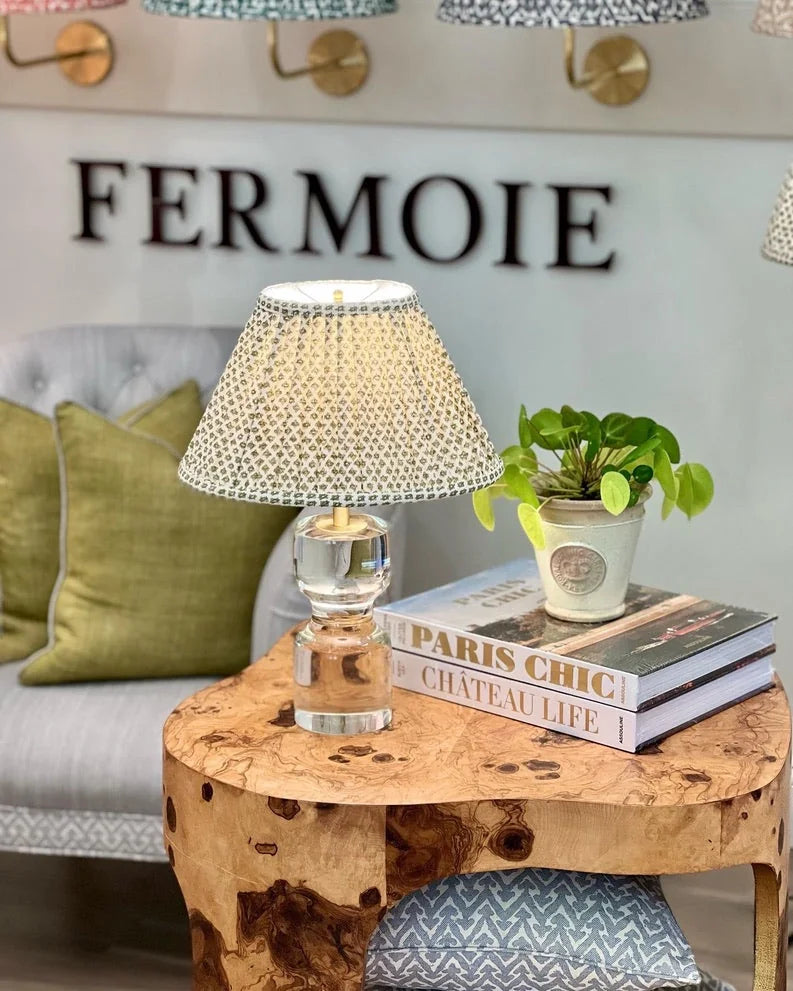 Fermoie green marden oval lampshade on a crystal lamp