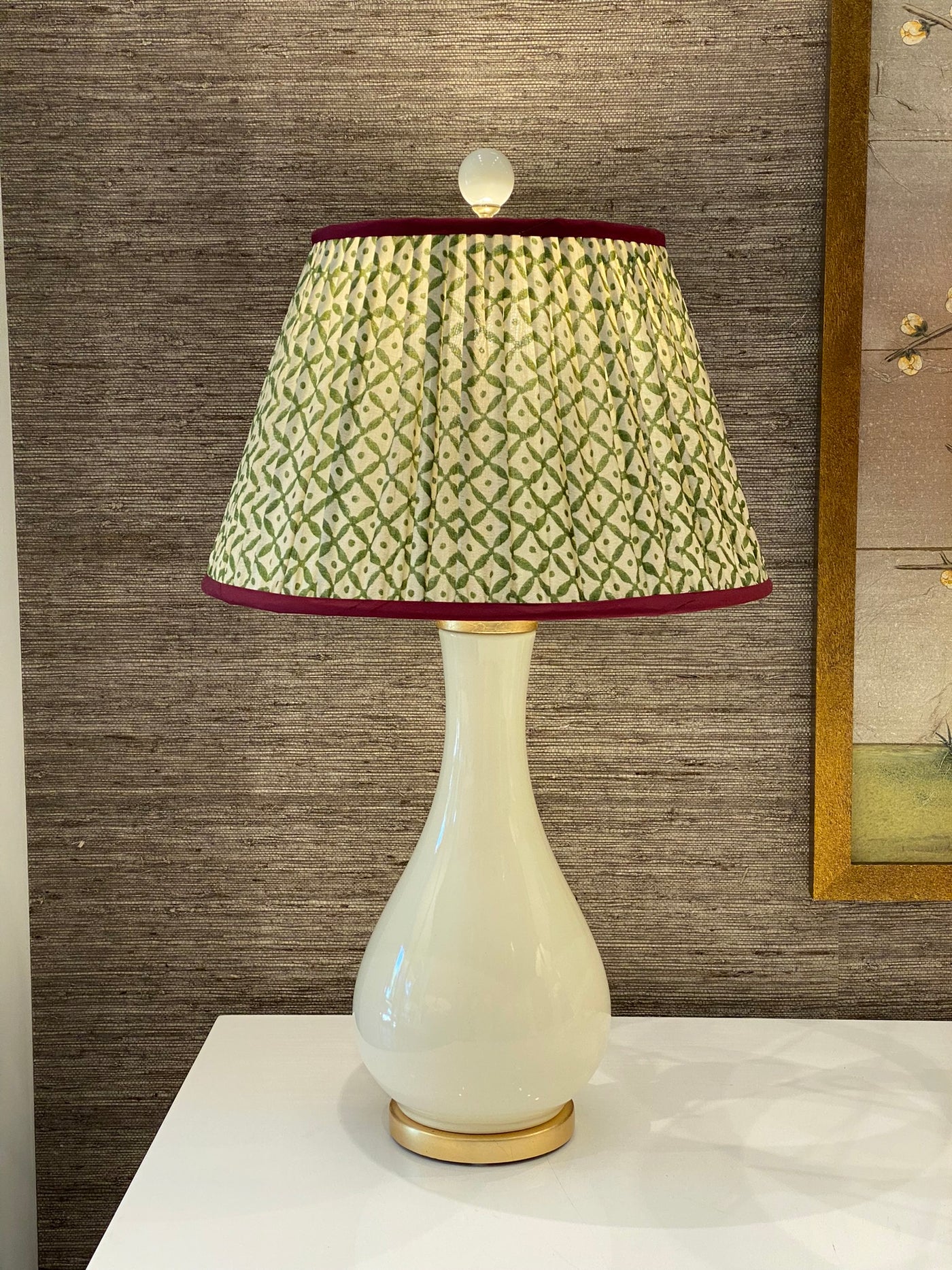 Penny Morrison Green Trellis Lampshade on a porcelain lamp