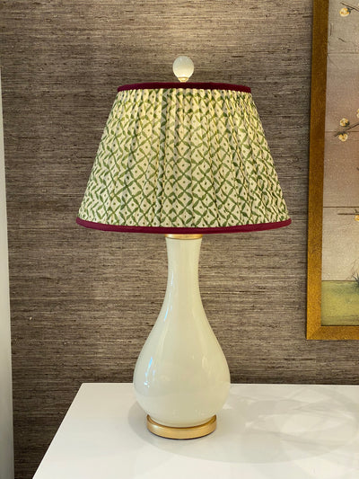 Penny Morrison Green Trellis Lampshade on a porcelain lamp