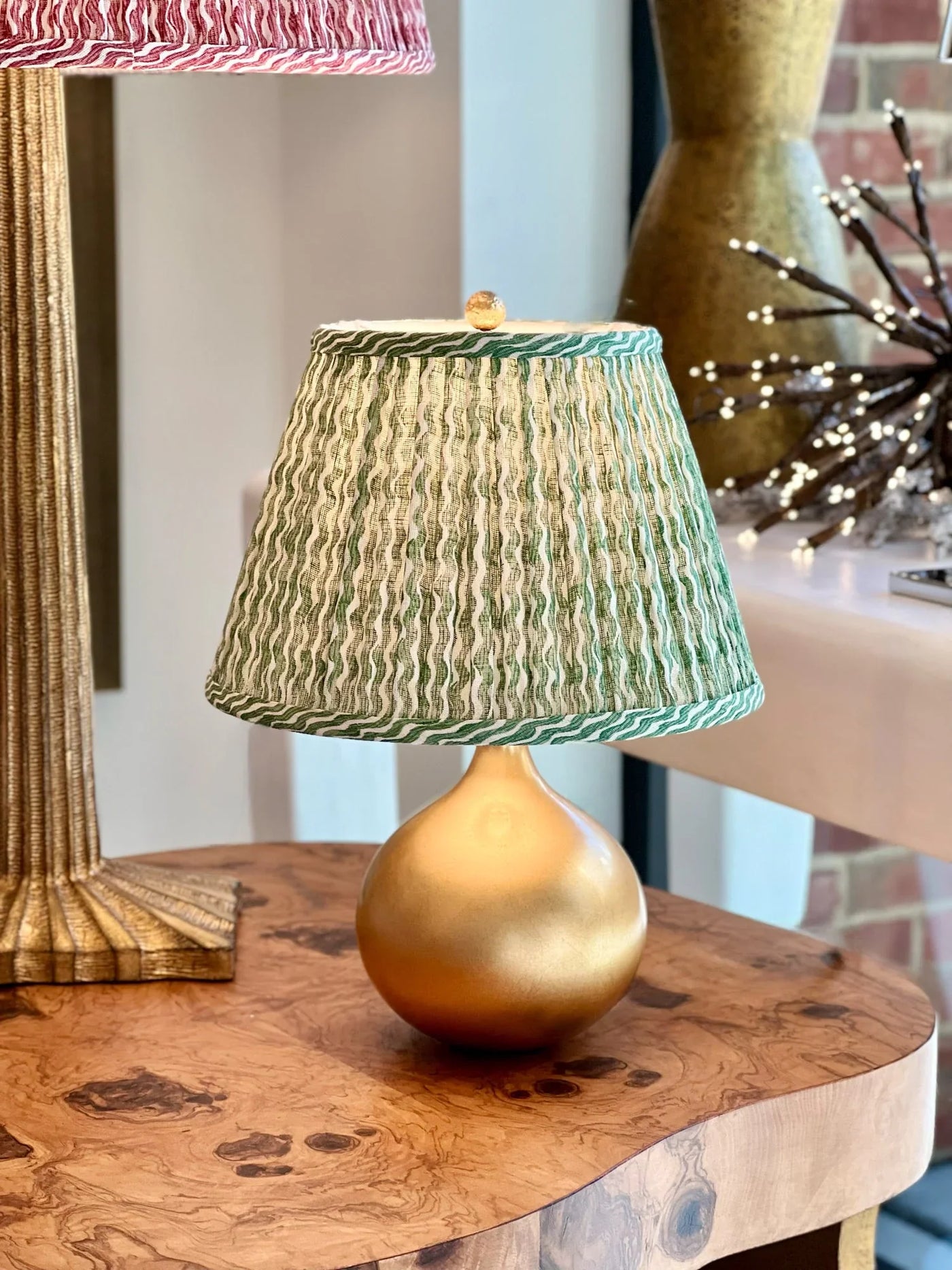 Fermoie Green Popple Lampshade on a mini brass lamp