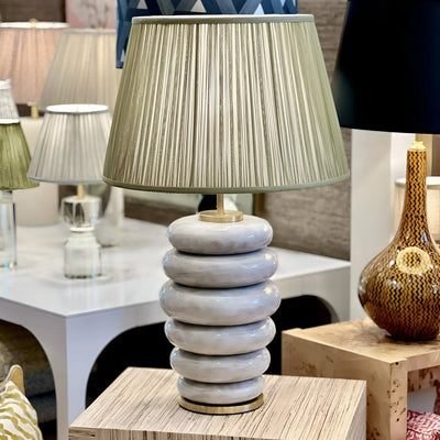 Green silk shirred lampshade on a Phoebe Lamp