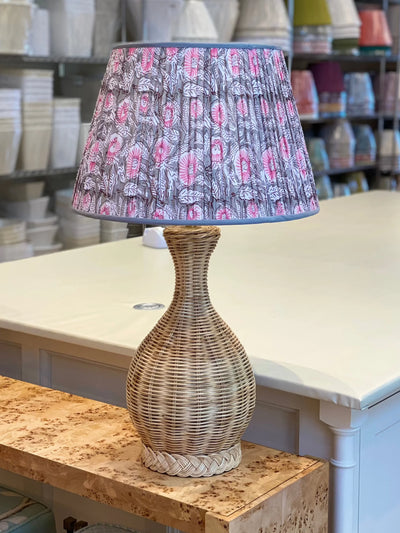 Grey and pink block print lampshade on a pink lamp