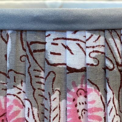 grey flower block print lampshade close up