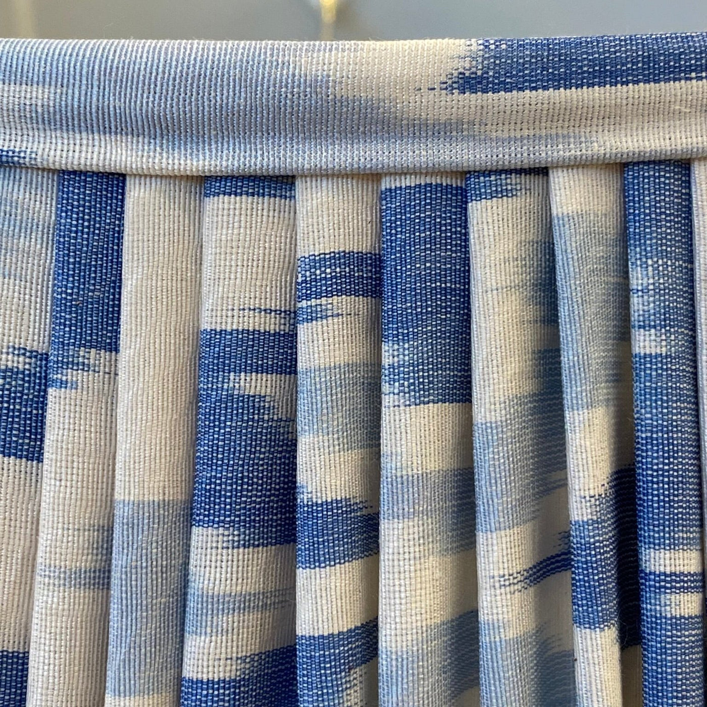 blue and white ikat lampshade close up