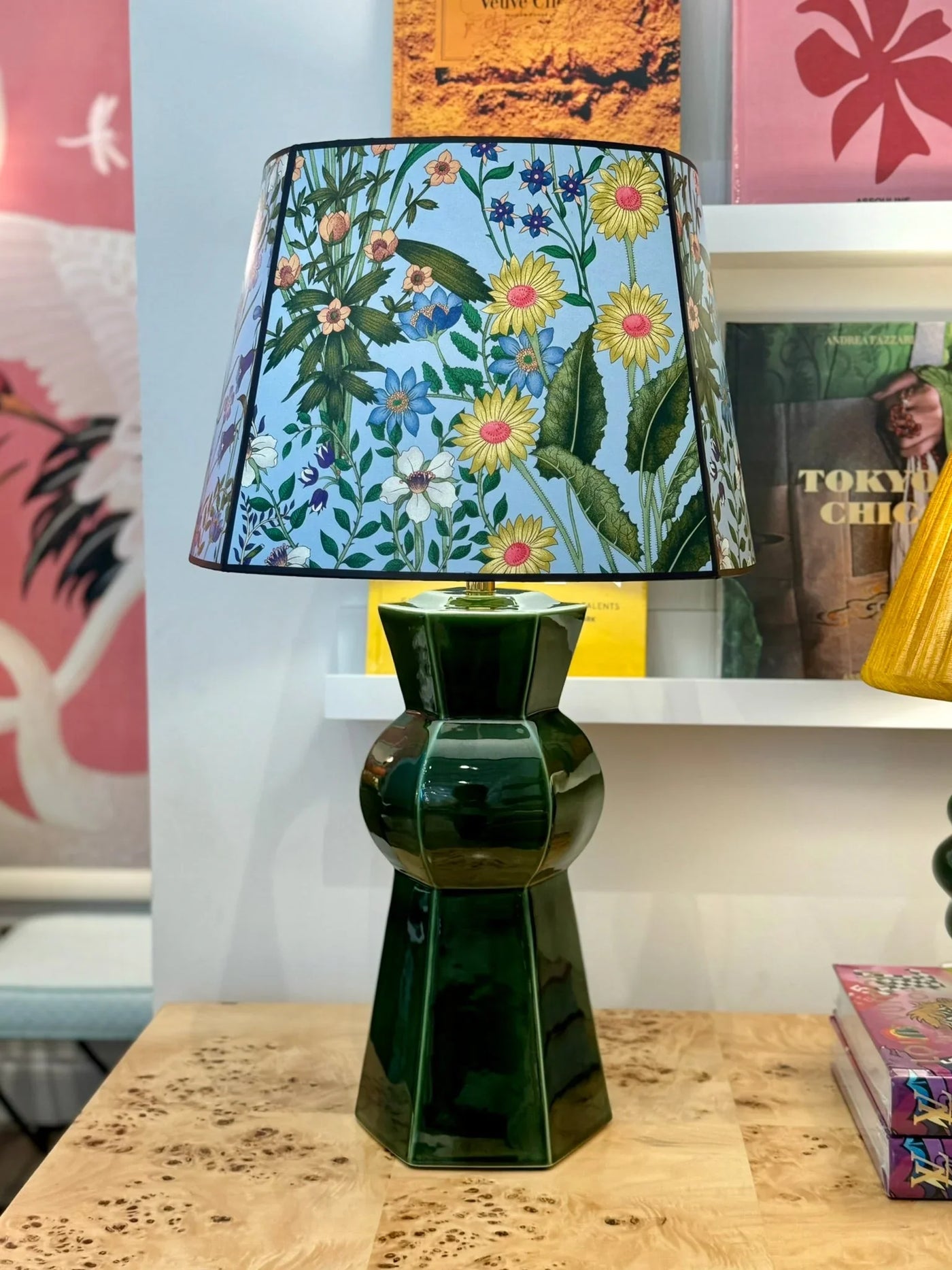 Hwang Bishop green lamp and Gucci blue floral lamp