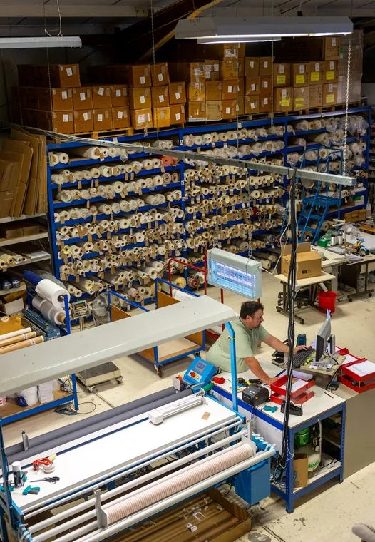 A member of the Barn team runs a length of cloth across the inspection machine in front of shelves of rolled fabric