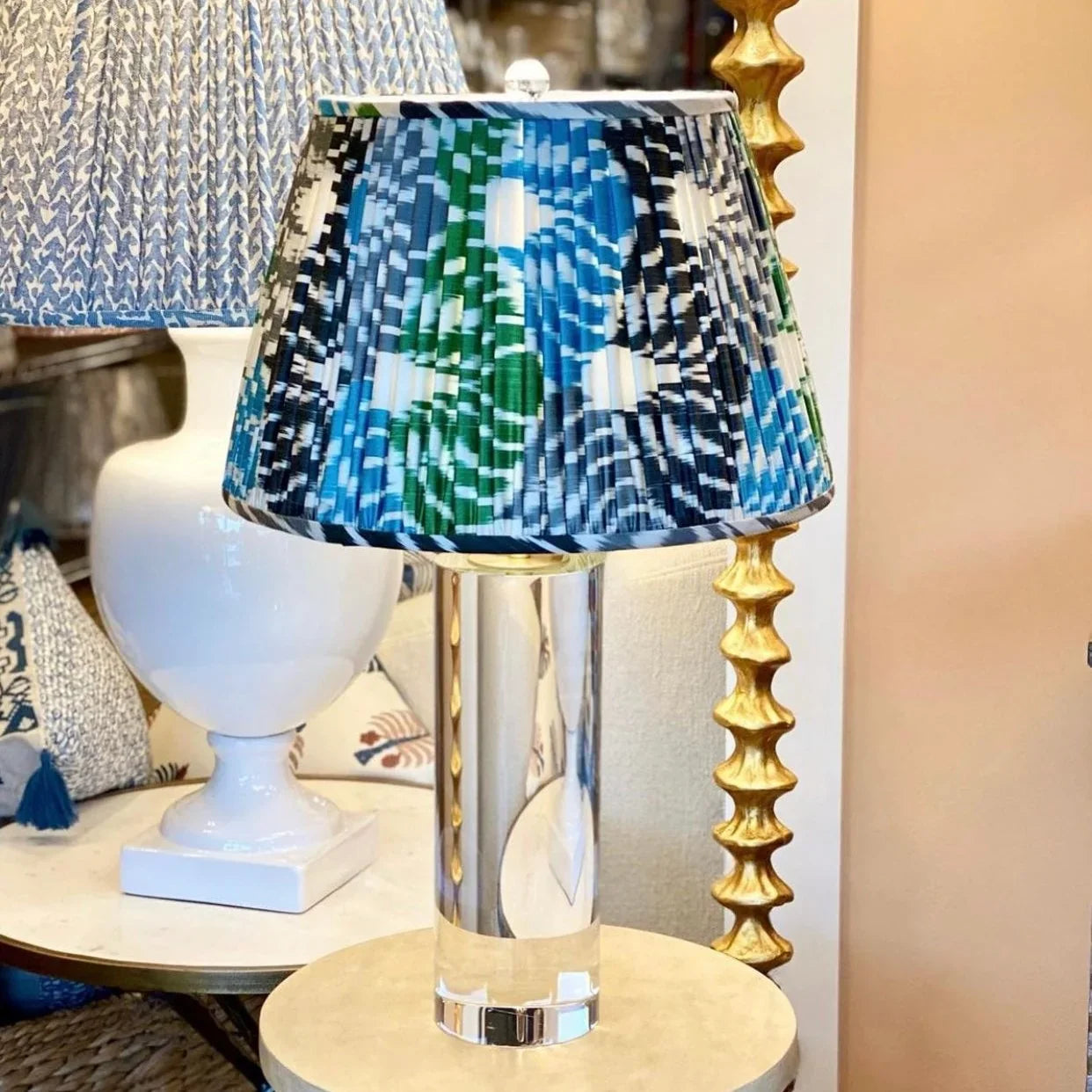 Bold ikat lampshade on a crystal lamp
