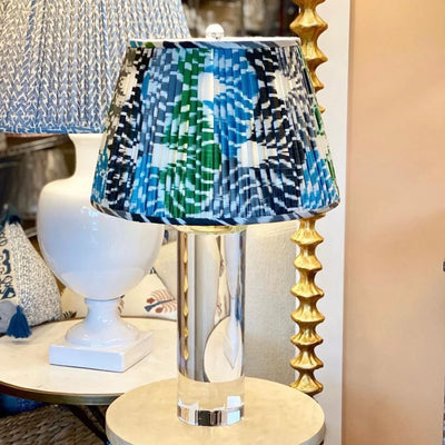 Bold ikat lampshade on a crystal lamp