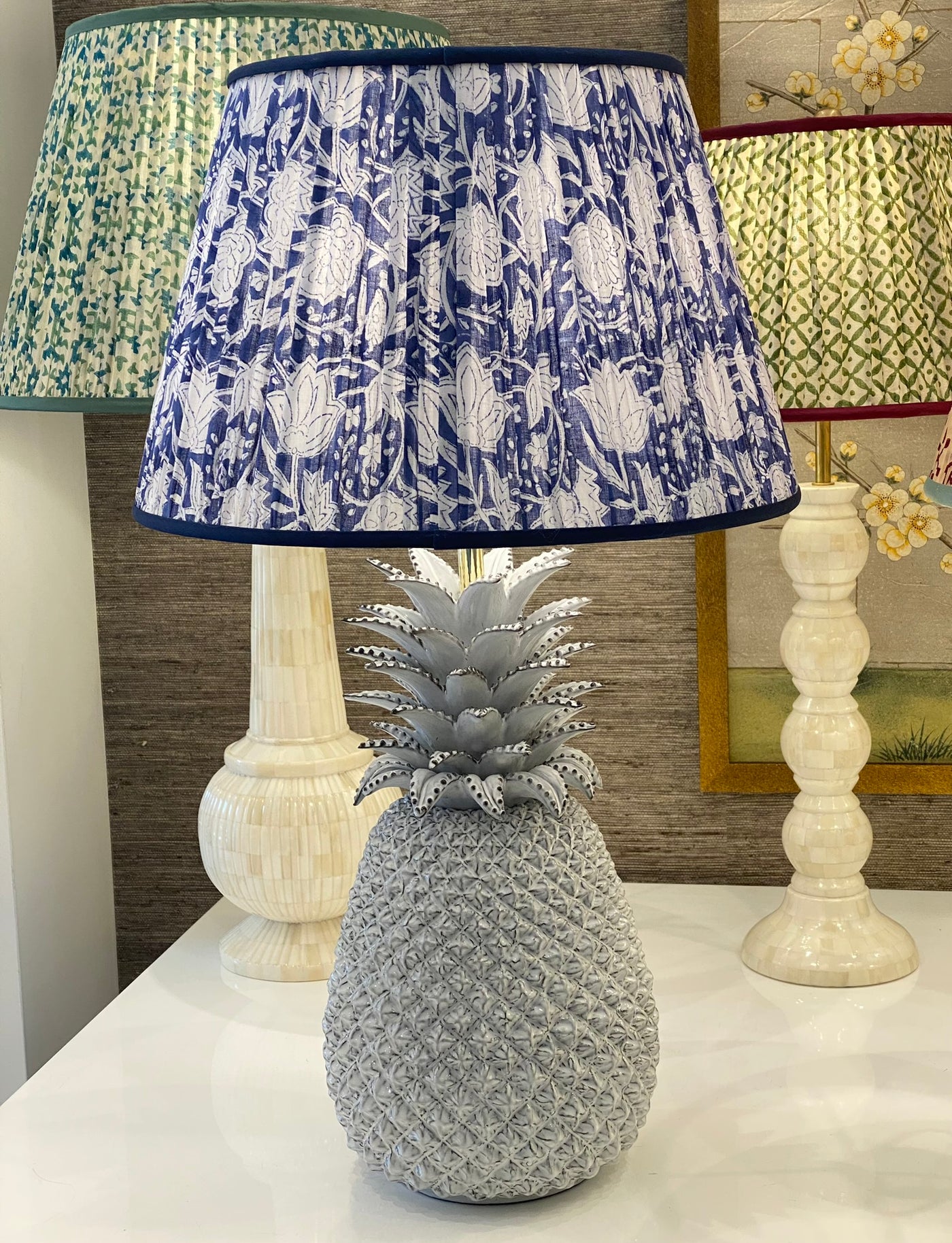 Indigo block print lampshade on pineapple lamp